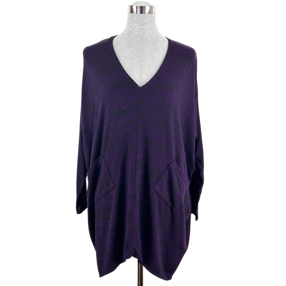Bryn Walker Tunic Top Women's Large Knit Purple Black Drapey Lagenlook Long Slv